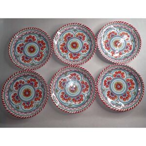 Rachel Roy Red Blue Spanish Style Tile Medallion Melamine Dinner Plates set of 6